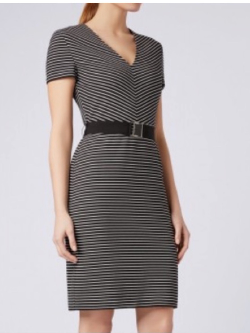 Hugo Boss Size 4 Hedra Black and White Striped V Neck Midi Dress with Belt